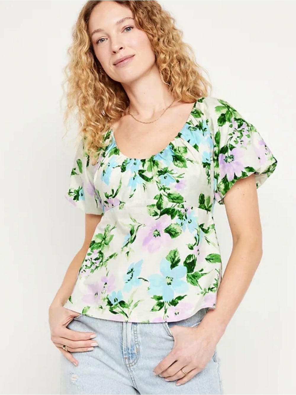 Old Navy Cream Floral Puff-Sleeve Blouse with Green, Blue & Lavender Print